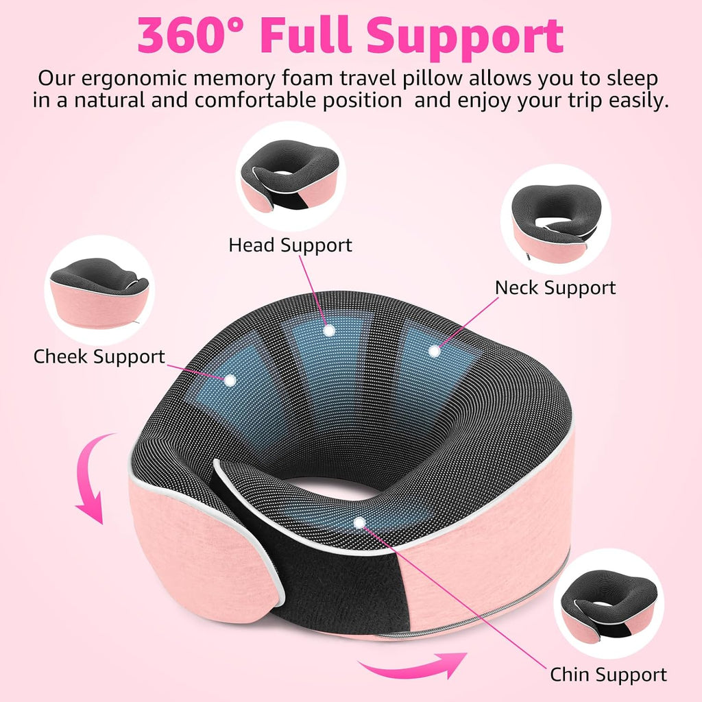 Travel Pillows for Airplanes Ergonomic Memory Foam Neck Pillow for Travel - 360° Head & Neck Support for Sleeping on Flights, Cars…