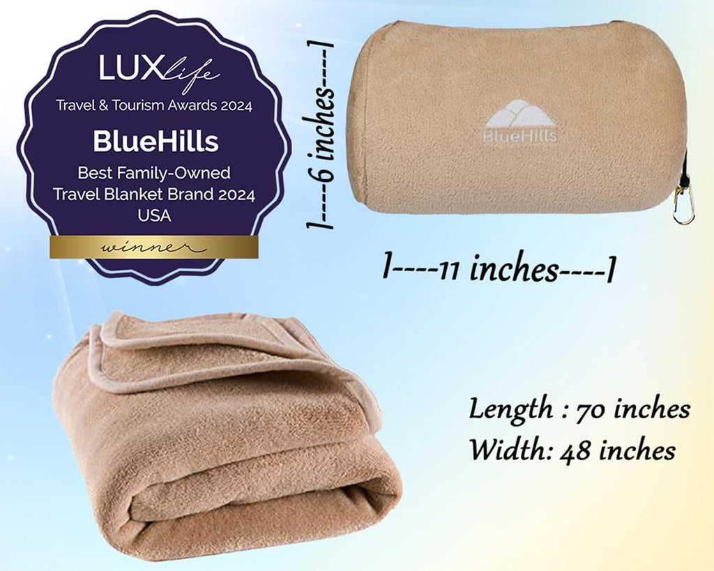BlueHills Travel Blanket Pillow Rolled Soft Plush Airplane Throw Traveler Essentials Gift Compact in a Bag 70X48 inches Long Car Plane Flig…