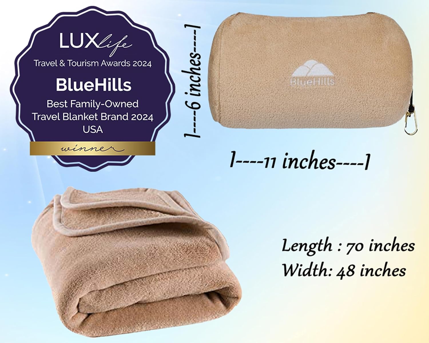 BlueHills Travel Blanket Pillow Rolled Soft Plush Airplane Throw Traveler Essentials Gift Compact in a Bag 70X48 inches Long Car Plane Flig…