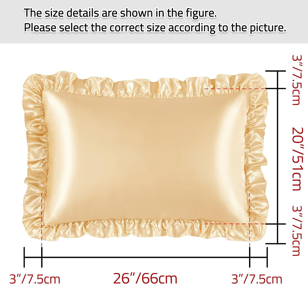 HommxJF Silky Satin Ruffled Pillow Cases for Hair and Skin, Gold Silk Pillowcases Standard Set of 2 with Envelope Closure Princess Room Deco…