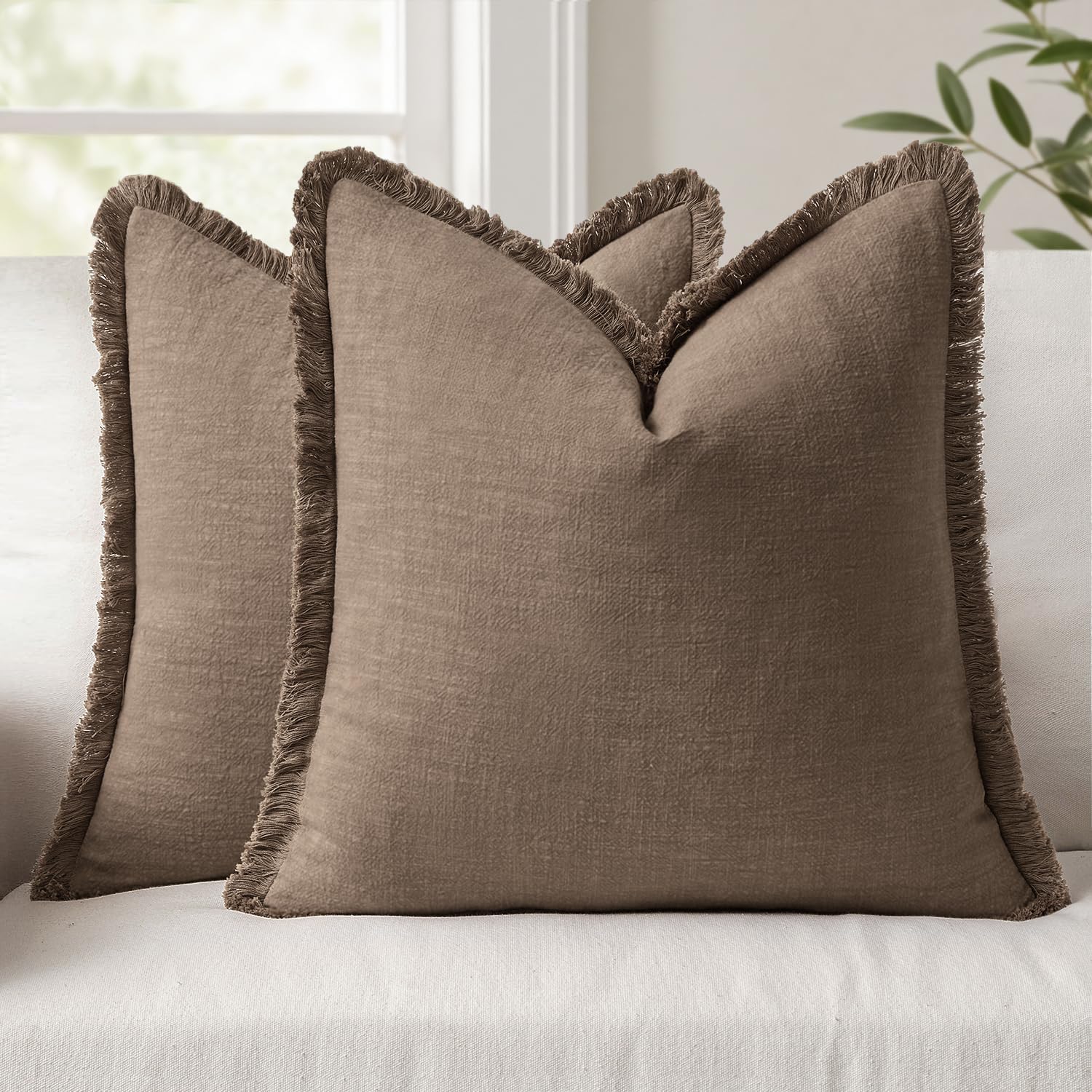 Anroduo Set of 2 Decorative Throw Pillow Covers 22×22 Inch Soft Linen Fringe Farmhouse Boho Vintage Cushion Covers with Tassels Accent Pill…