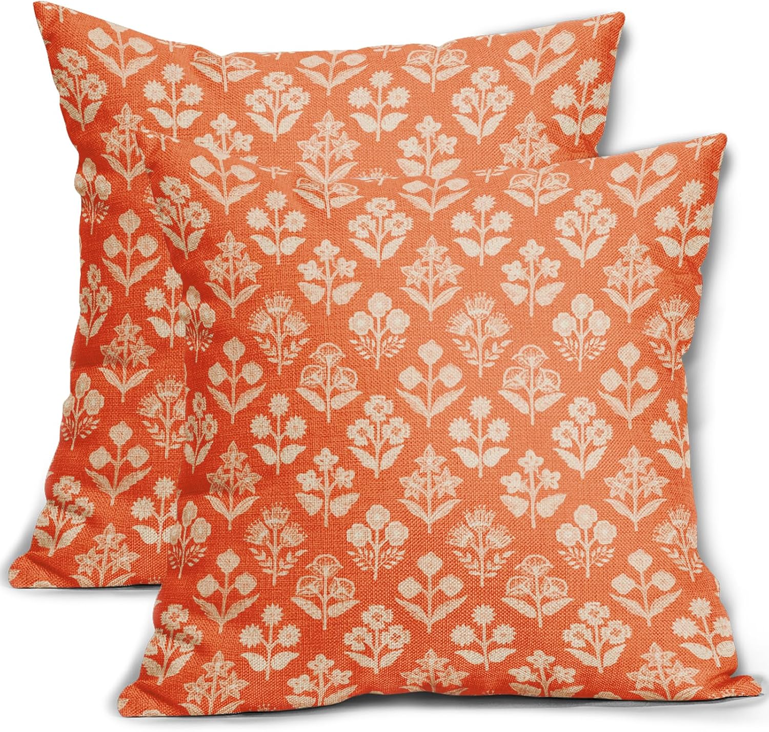 Orange Floral Block Print Pillow Covers 20x20 Inch Set of 2, Vintage Flower Pattern Decorative Throw Pillowcases Outdoor Farmhouse…