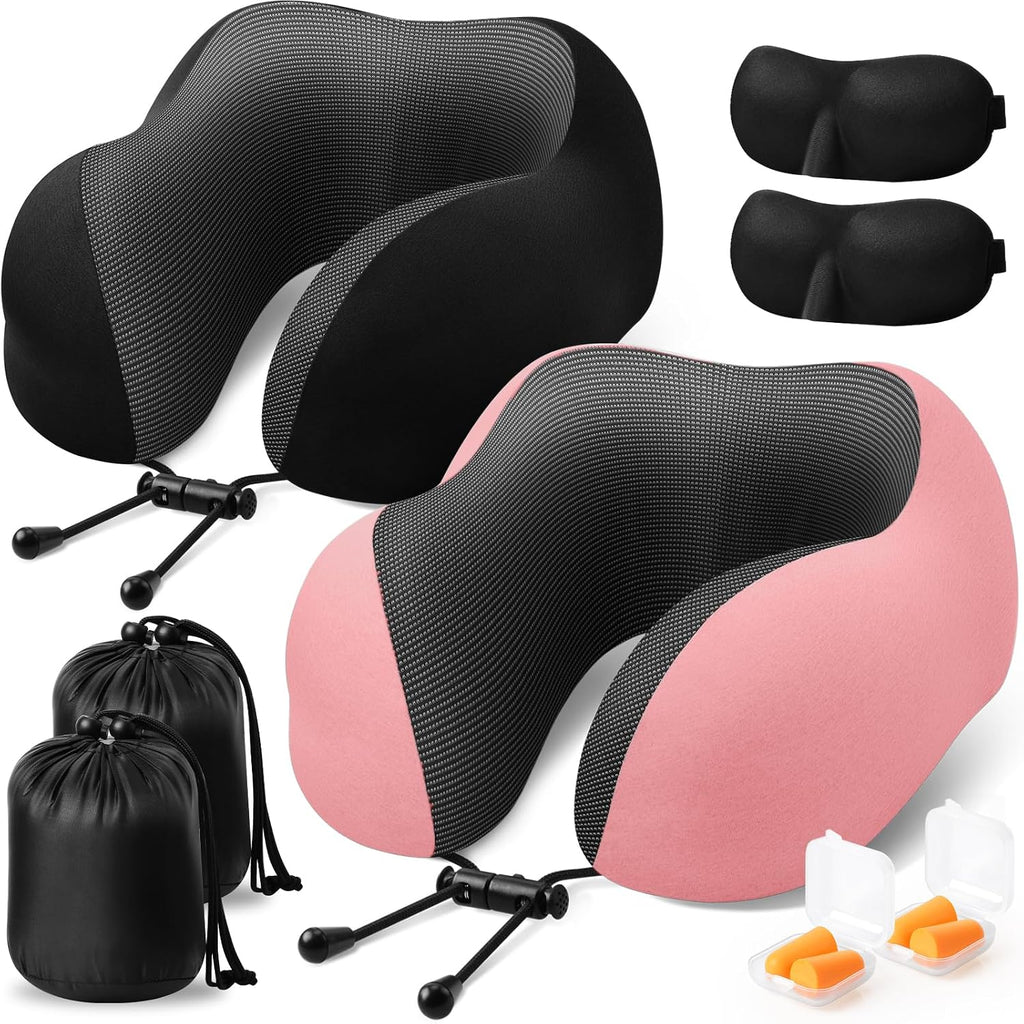 ExploreBliss Travel Pillow, 2 Pack Travel Pillows for Sleeping Airplane, Neck Pillow Airplane, Memory Foam Neck Pillow Set with Eye Mask, E…