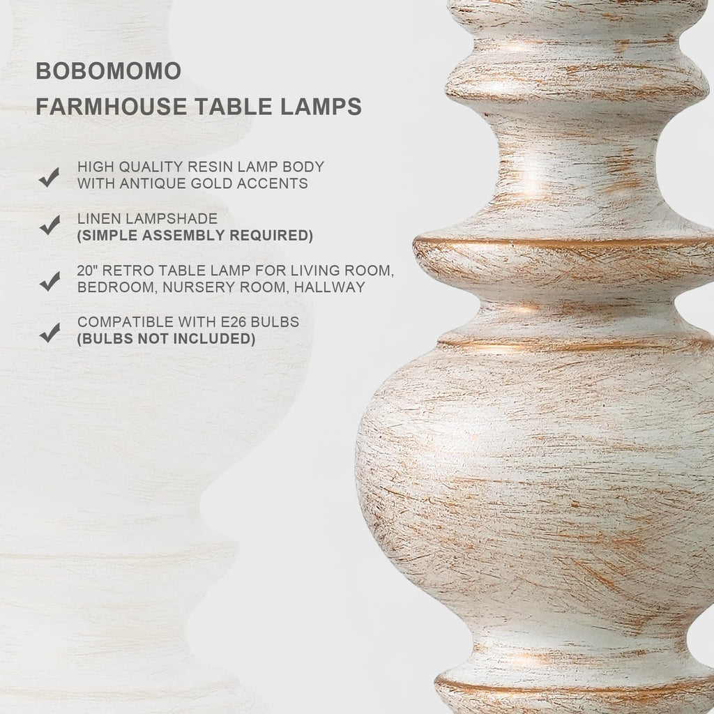 BOBOMOMO 20" Retro Table Lamps Set of 2 - Farmhouse Lamp for Living Room with Linen Shades, Rustic Bedside Nightstand Lamps, Resin Lamps…