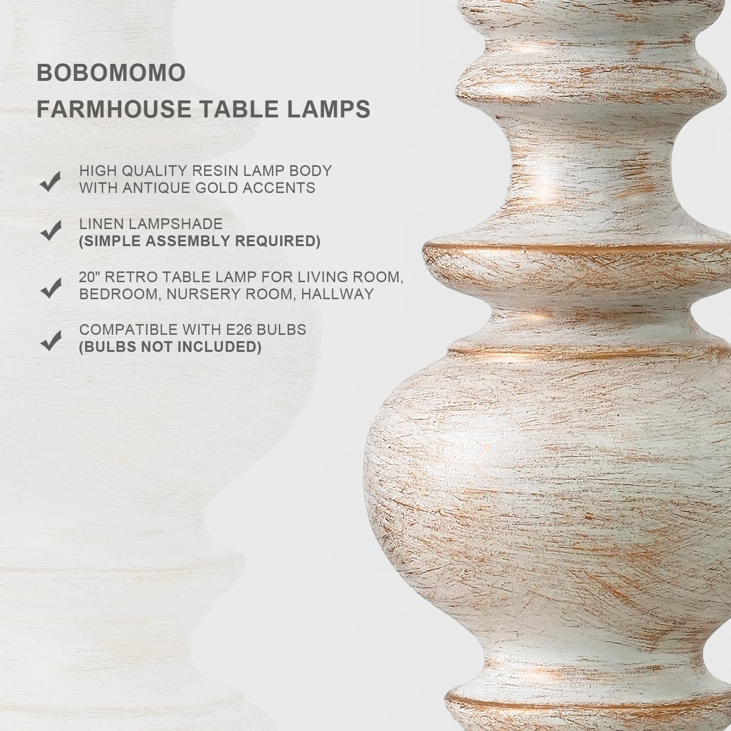BOBOMOMO 20" Retro Table Lamps Set of 2 - Farmhouse Lamp for Living Room with Linen Shades, Rustic Bedside Nightstand Lamps, Resin Lamps…
