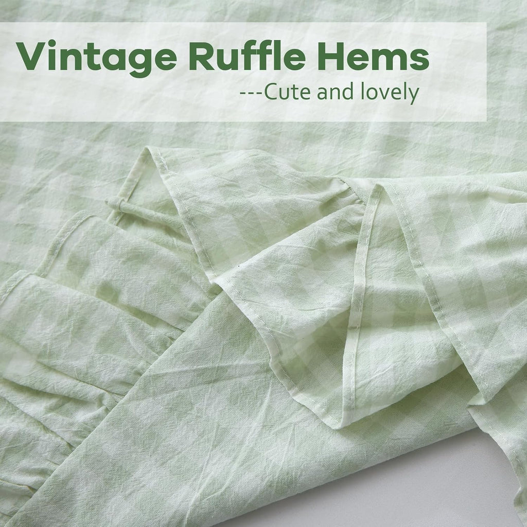 Kmasaniji 2 Pack Pile Green White Plaid Ruffle Gingham Euro Shams Pillow Covers, 100% Washed Cotton Checkered Farmhouse Pillowcases for Bed…