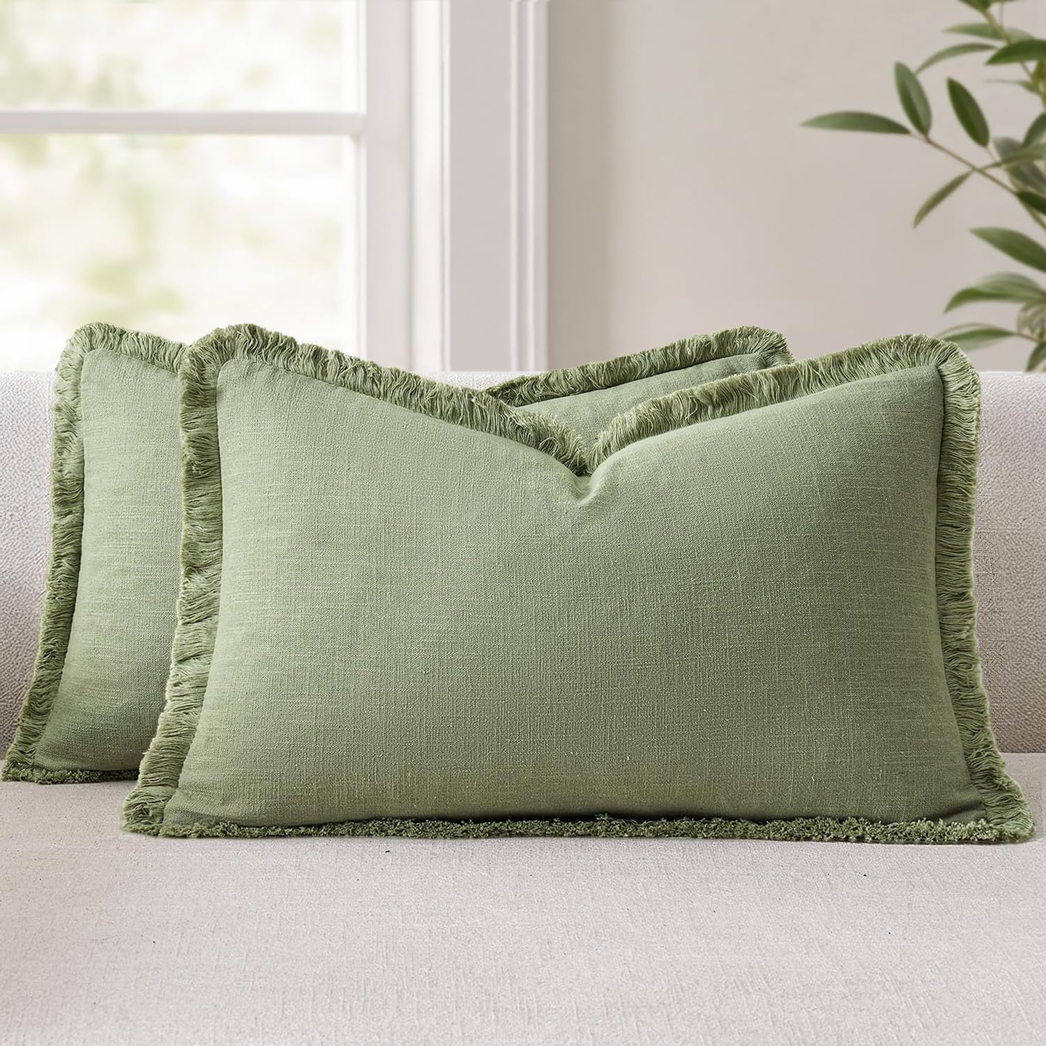 Anroduo Set of 2 Decorative Throw Pillow Covers 12×20 Inch Soft Lumbar Linen Fringe Farmhouse Boho Vintage Cushion Covers with Tassels Acce…