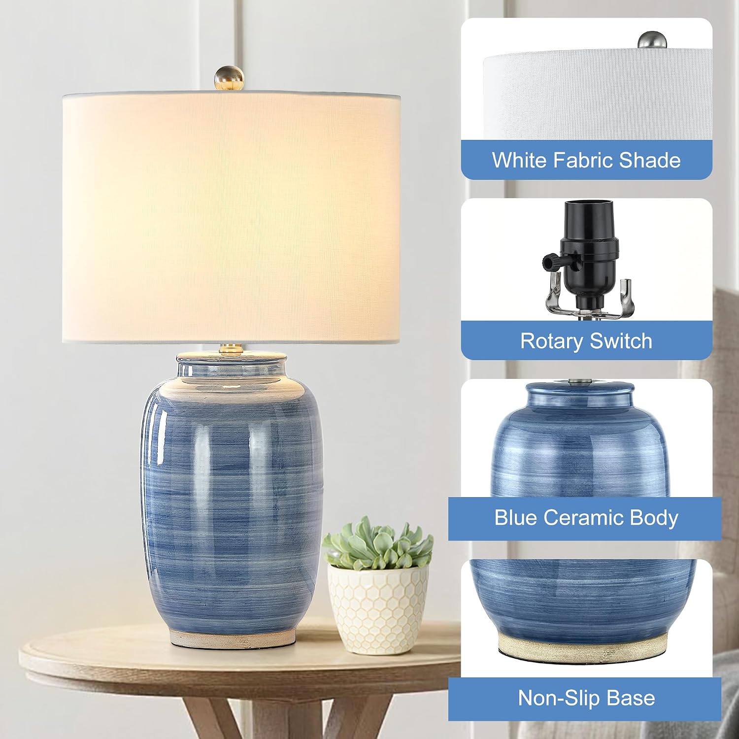 Maxax 25" Blue Table Lamp for Living Room, Modern Ceramic Lamp with White Shade, Coastal Blue Bedside Nightstand Lamp for Bedroom Home…
