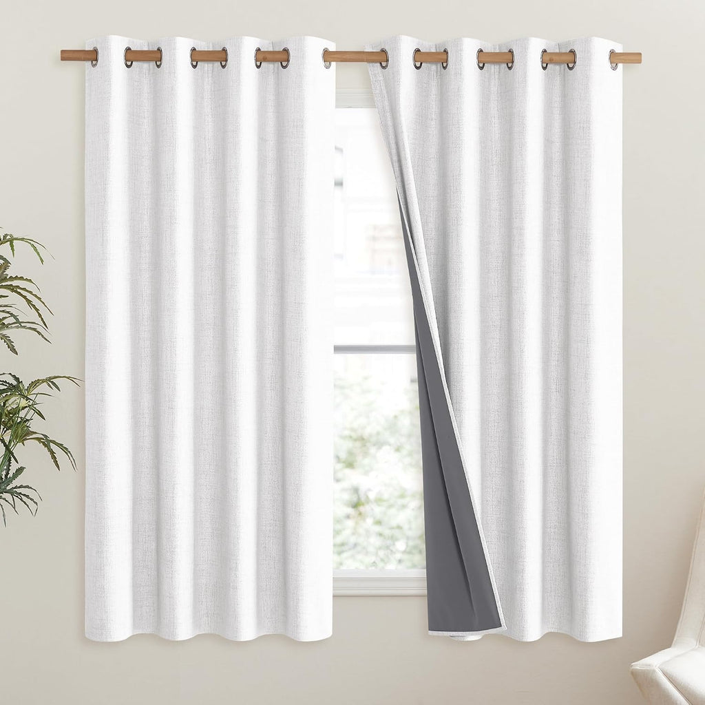 NICETOWN 100% Absolutely Blackout Linen Curtains with Thermal Insulated Liner, Greyish White, 52" Wide, 48" Length Energy Saving Curtains…