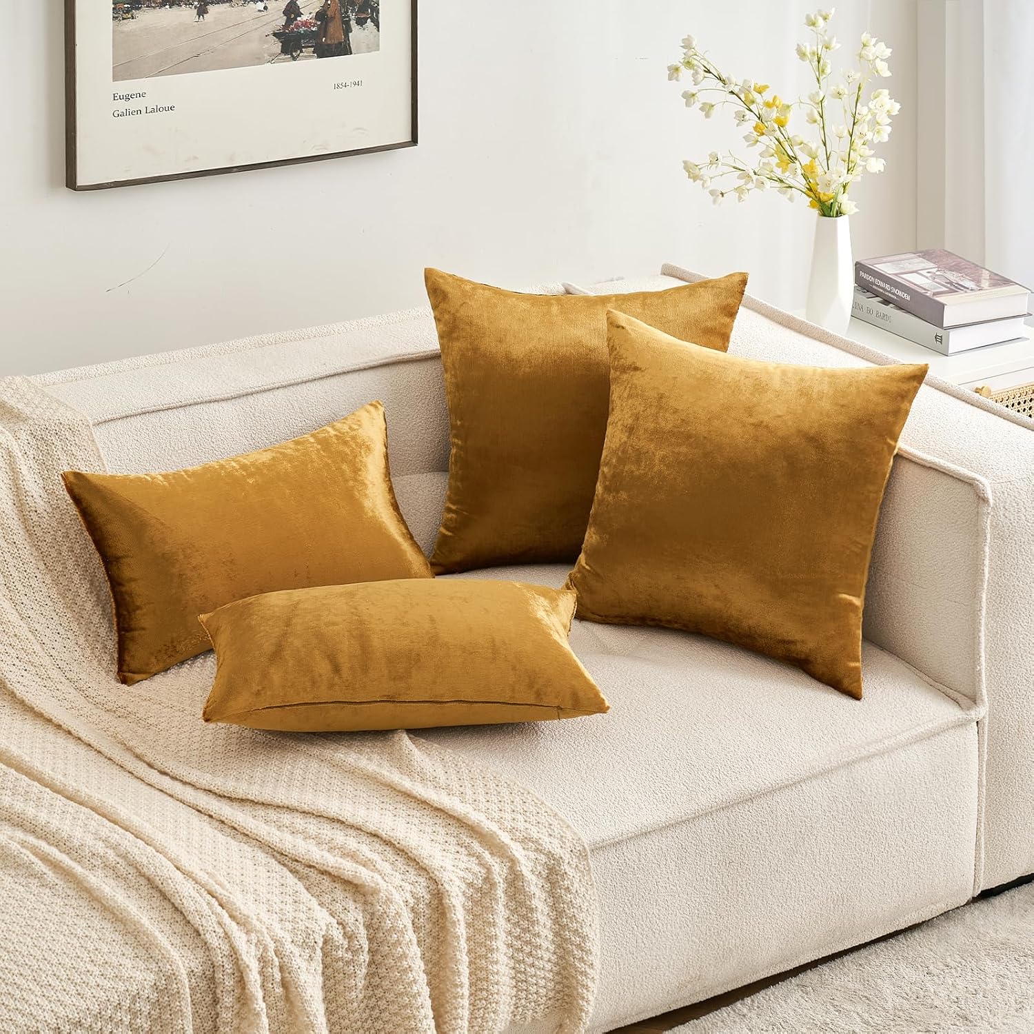 Miulee Velvet Throw Pillow Covers 14x14 Inch, Pack of 2 - Dark Gold, Soft Solid Small Decorative Pillow Covers Modern Luxury Home Decor for…