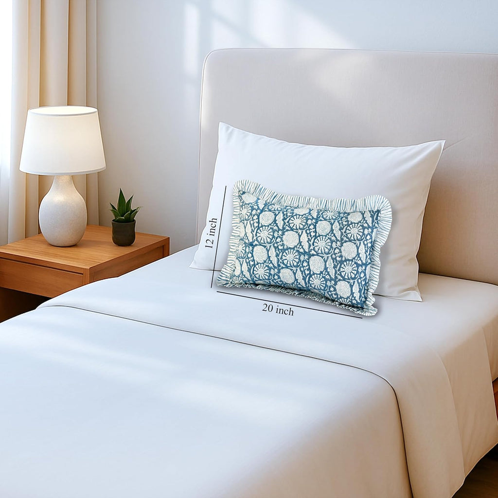 Cottonprintclub CPC Hand Block Print Blue Meadow Ruffle Sham Pillow Cover 20" x 12" inch Hidden Zipper Decorative Pillowcase for Couch, Bed…