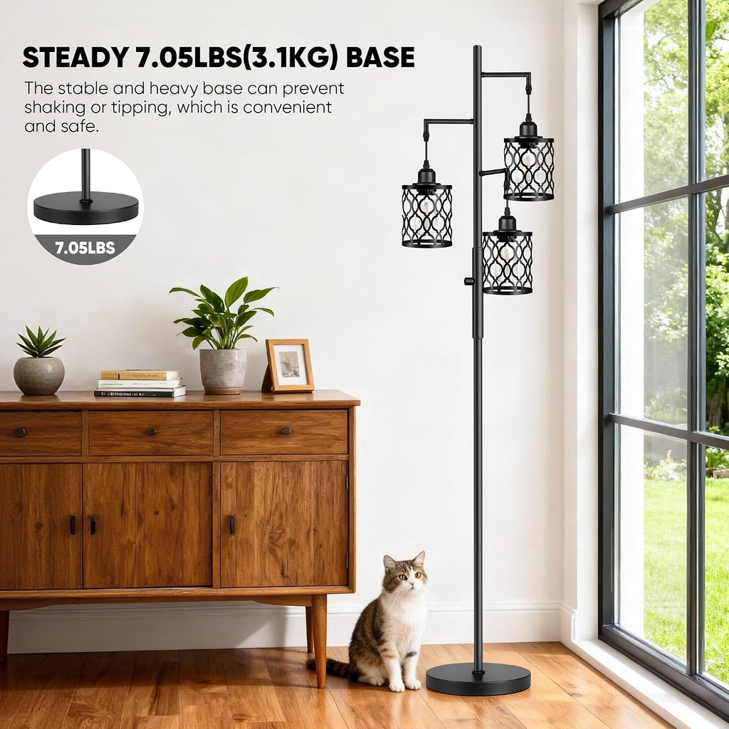 ROTTOGOON Dimmable Farmhouse Floor Lamp, Industrial Floor Lamp for Living Room with 3 X 6W LED Bulbs, 3 Light Rustic Standing Tall Lamp…
