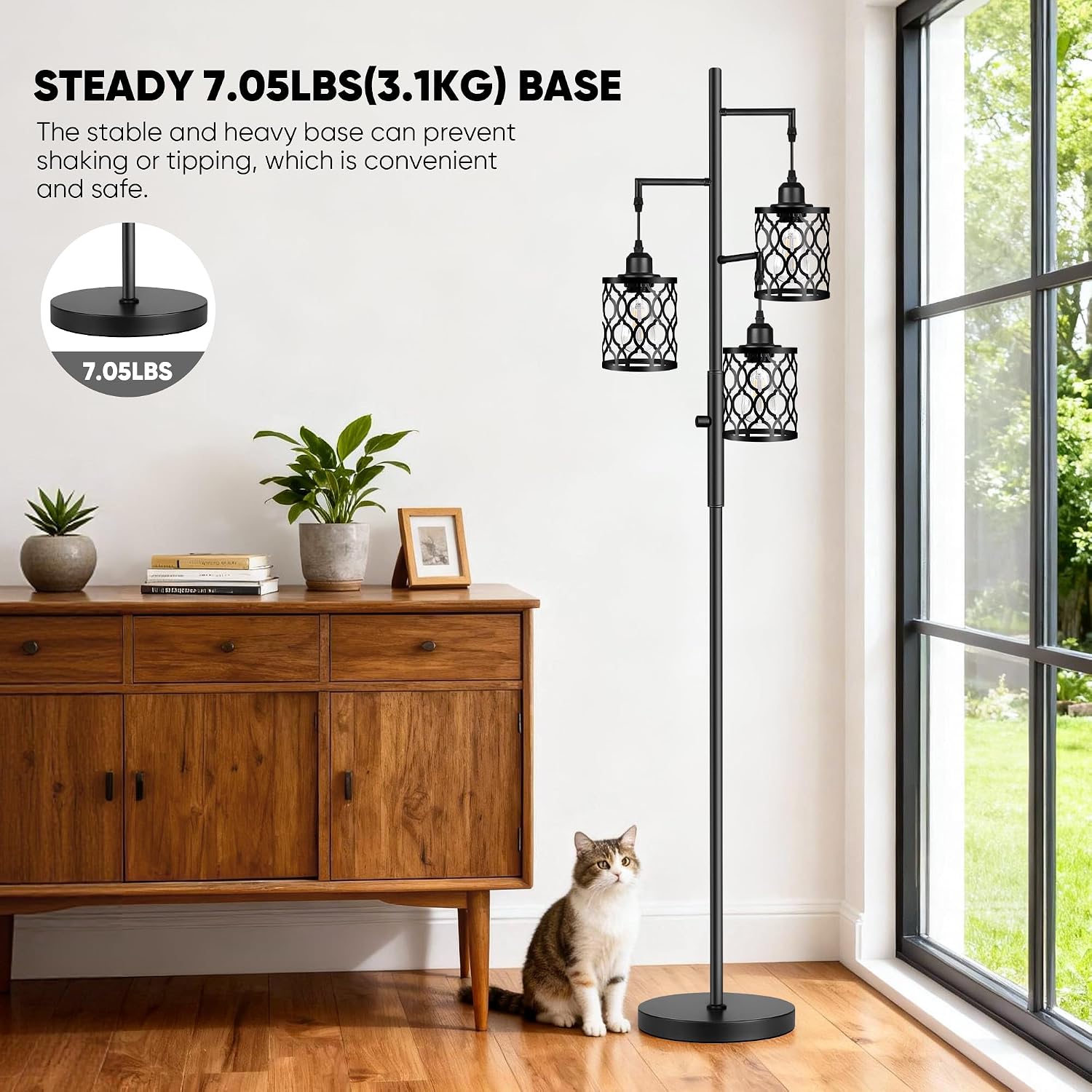ROTTOGOON Dimmable Farmhouse Floor Lamp, Industrial Floor Lamp for Living Room with 3 X 6W LED Bulbs, 3 Light Rustic Standing Tall Lamp…