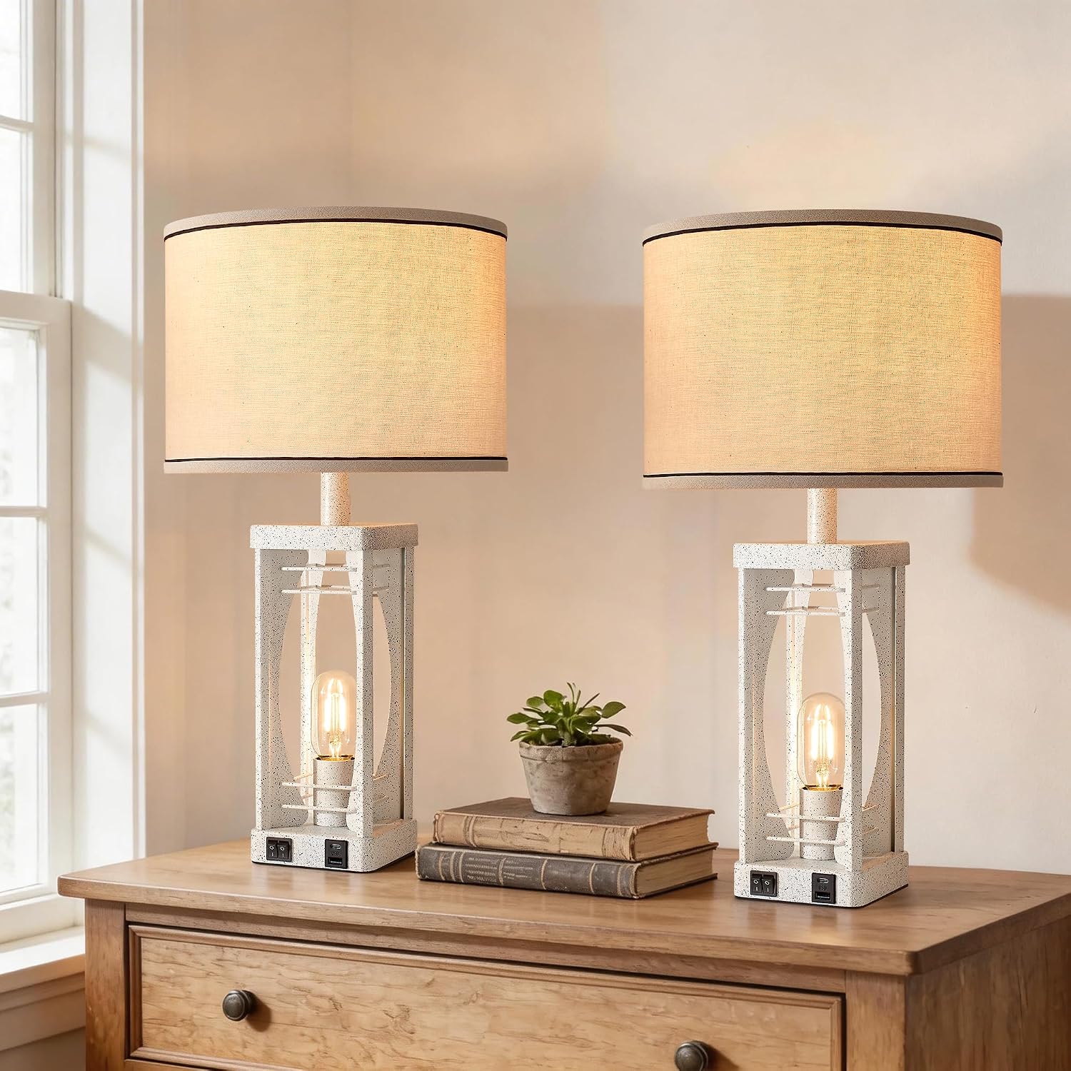 SRJJA Farmhouse Table Lamps Set of 2 for Living Room, Modern Industrial Bedside Lamps with USB A+C Charging Ports, 22.5" Dual Light…