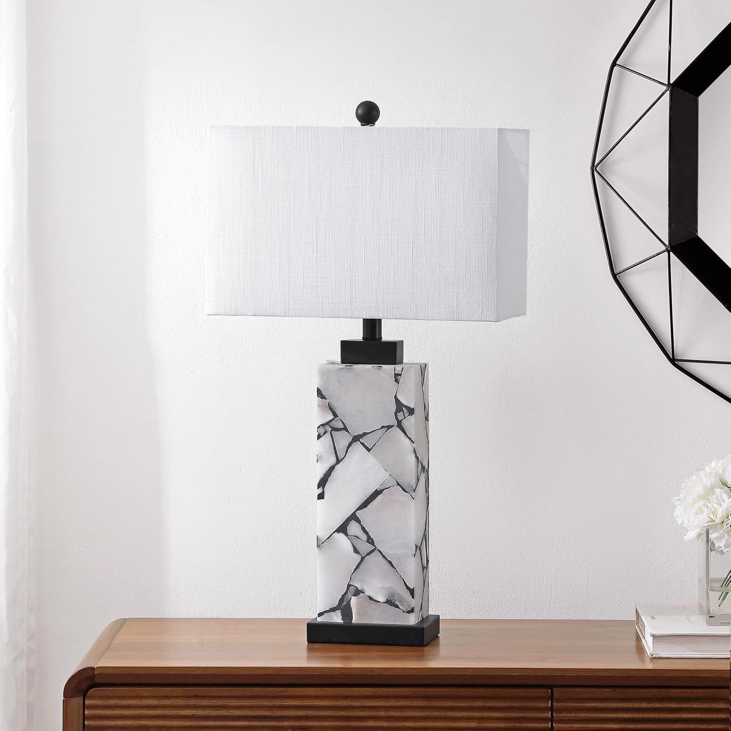 Jonathany JONATHAN Y 27.5" Black White Alabaster Rectangular Table Lamp with Night Light Contemporary Coastal Bedside Lamp for Bedroom with…