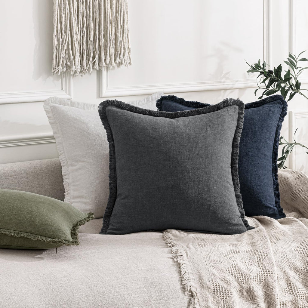 Anroduo Set of 2 Decorative Throw Pillow Covers 26×26 Inch Soft Linen Fringe Farmhouse Boho Vintage Cushion Covers with Tassels Accent Pill…