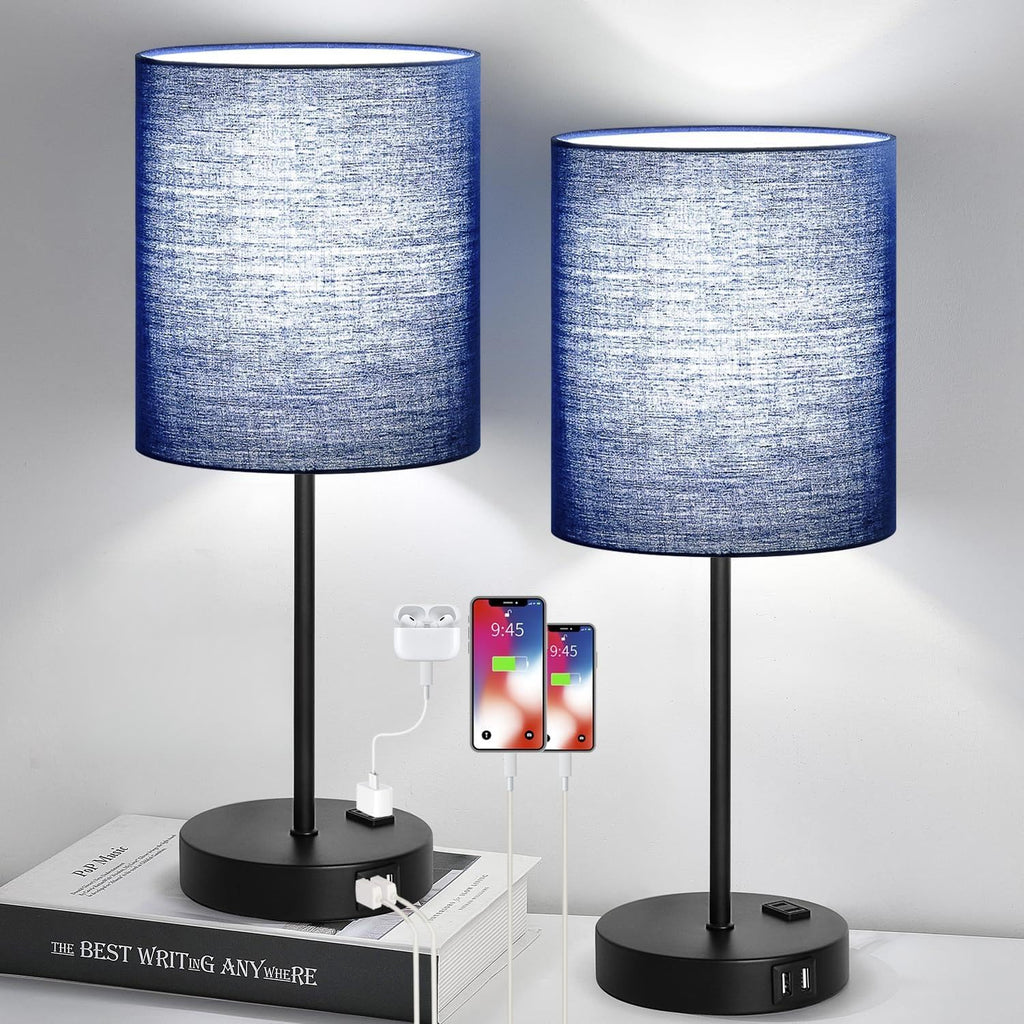 Lynnoland 2 Pack Touch Control Table Lamps with 2 USB & AC Outlet, 3-Way Dimmable Bedside Nightstand Lamps for Bedroom Living Room…