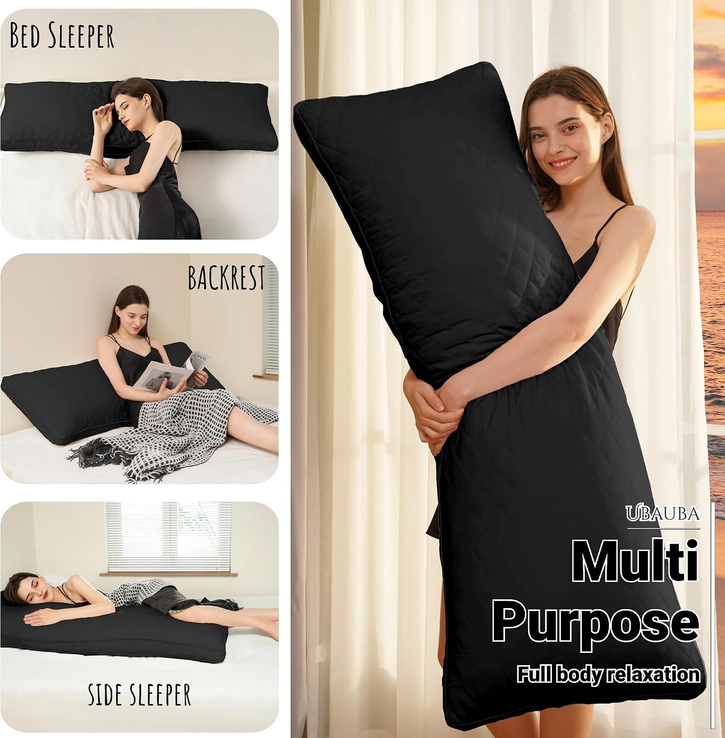 Ubauba Memory Foam Body Pillow, Full Large Body Pillows for Adults, Firm & Fluffy Long Bed Pillows for Sleeping (20x54 inch, Black)