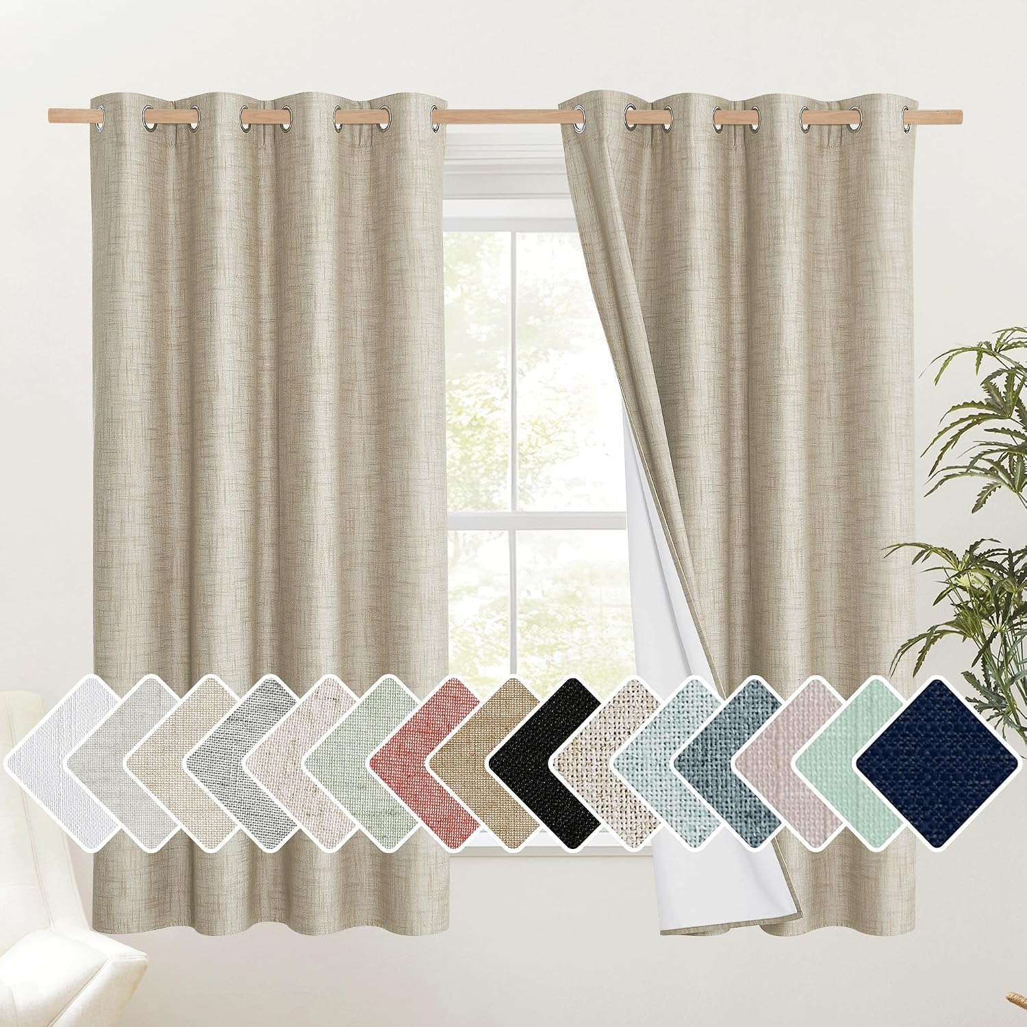 NICETOWN Taupe 100% Blackout Linen Curtains 63 inch Long Burg, Farmhouse Thick Completely Blackout Window Treatment Panels Thermal…