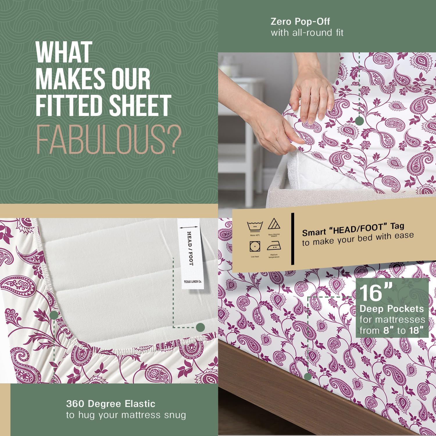 TEXAS LINEN CO. 100% Organic Cotton Sheets Twin Size - 3 PC Organic Cotton Percale Printed Sheets Twin Set (Paisley), Soft, Cooling…