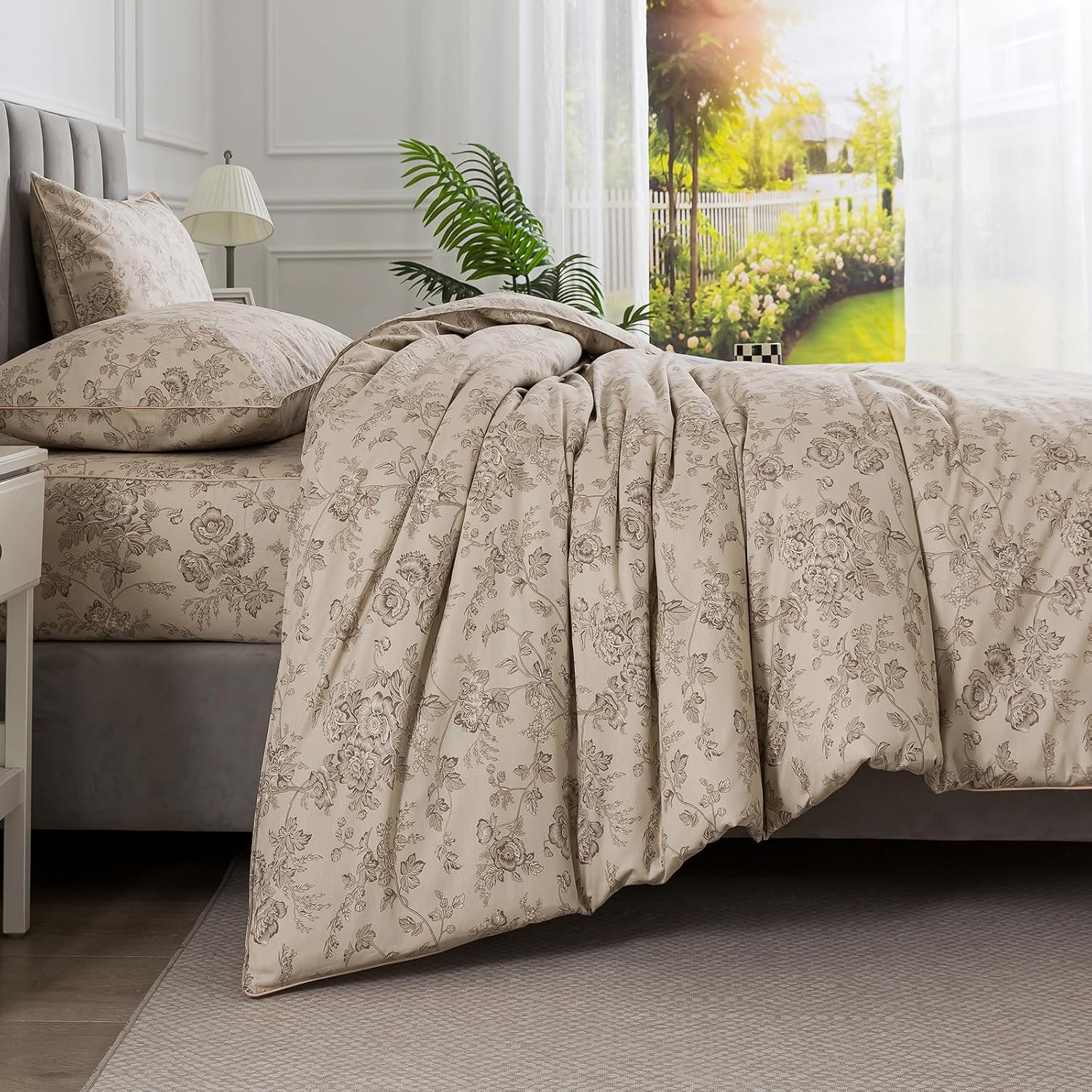 Puralens Beige Floral Duvet Cover, Queen Size 100% Cotton Percale Shabby Flower Patterned Chic Bed Cover Set, Soft Crisp Zipper Reversible…
