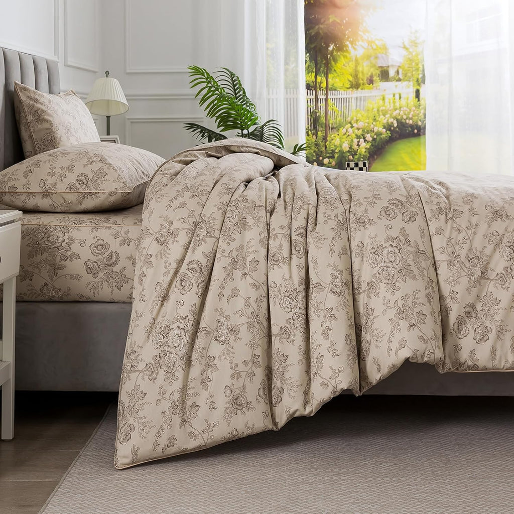Puralens Beige Floral Duvet Cover, King Size 100% Cotton Percale Shabby Flower Print Chic Bed Cover Set, Soft Crisp Zipper Reversible Comfo…