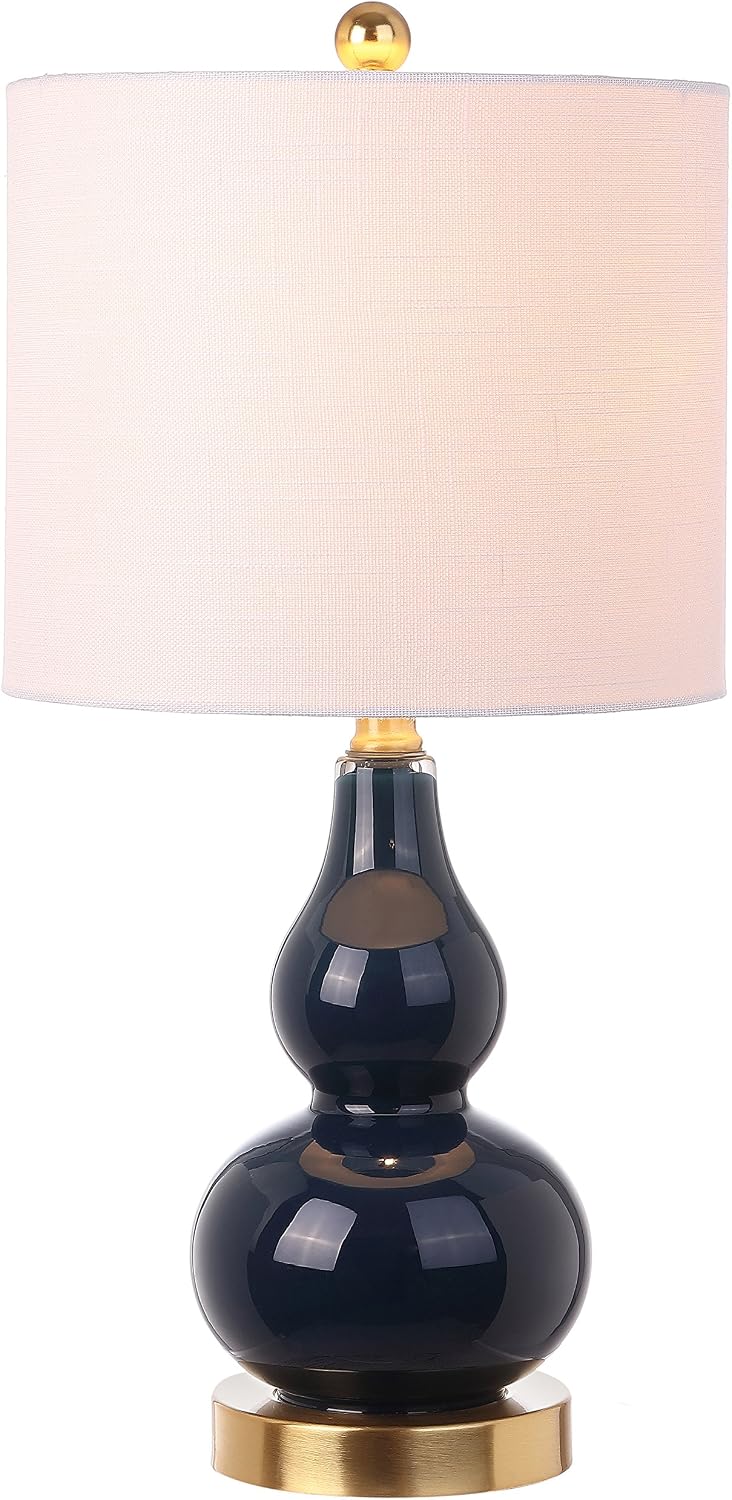 JONATHAN Y 20.5" Navy Glass Table Lamp, Modern Gourd Bedside Nightstand Lamp for Bedroom, Living Room, White Linen Shade, LED Bulb…