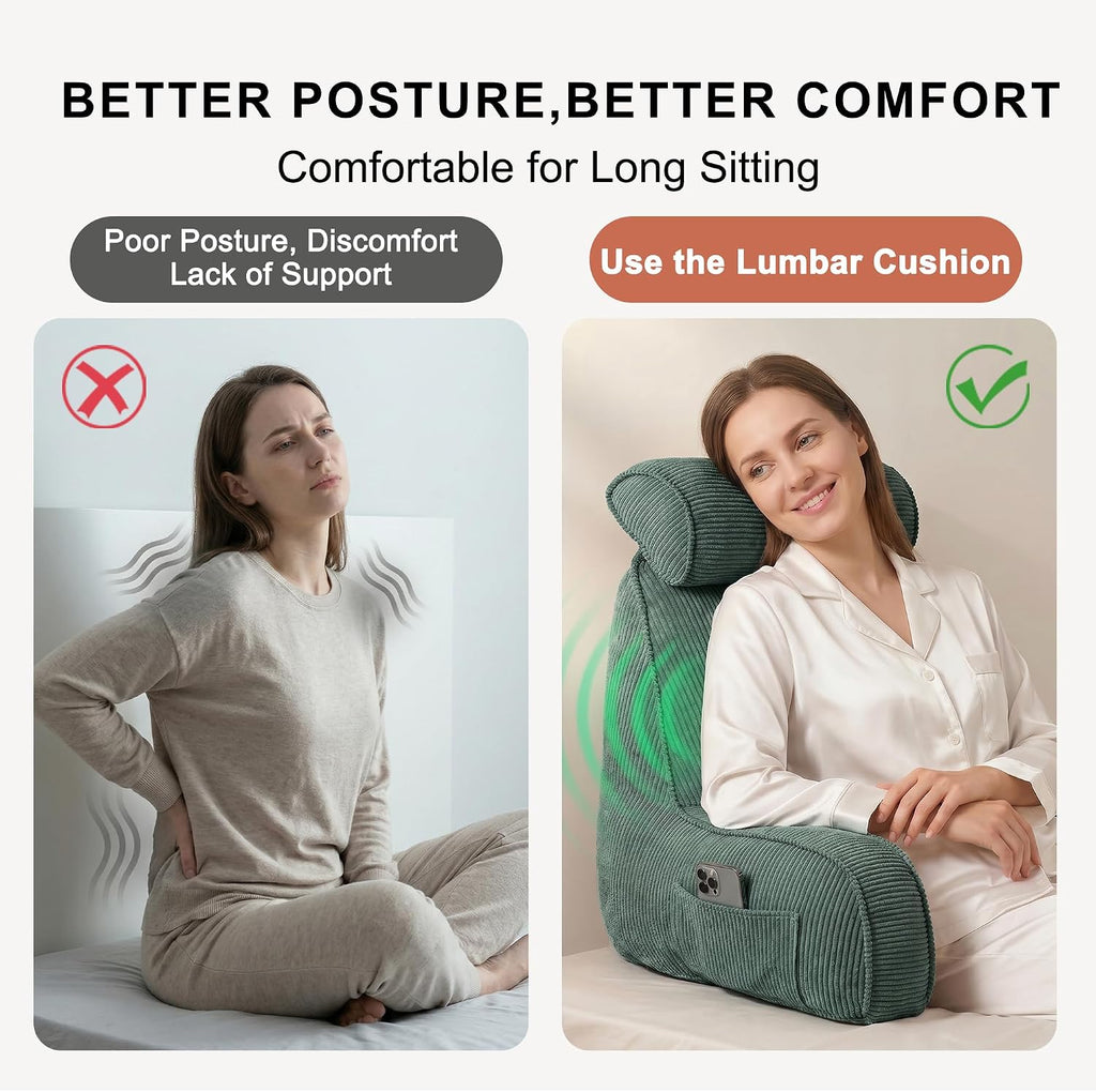 Ailuteie Sit Up Reading Pillow, Backrest Pillow with Arms, Corduroy Back Support Cushion with Side Pockets & Washable Cover, Bed Rest Suppo…