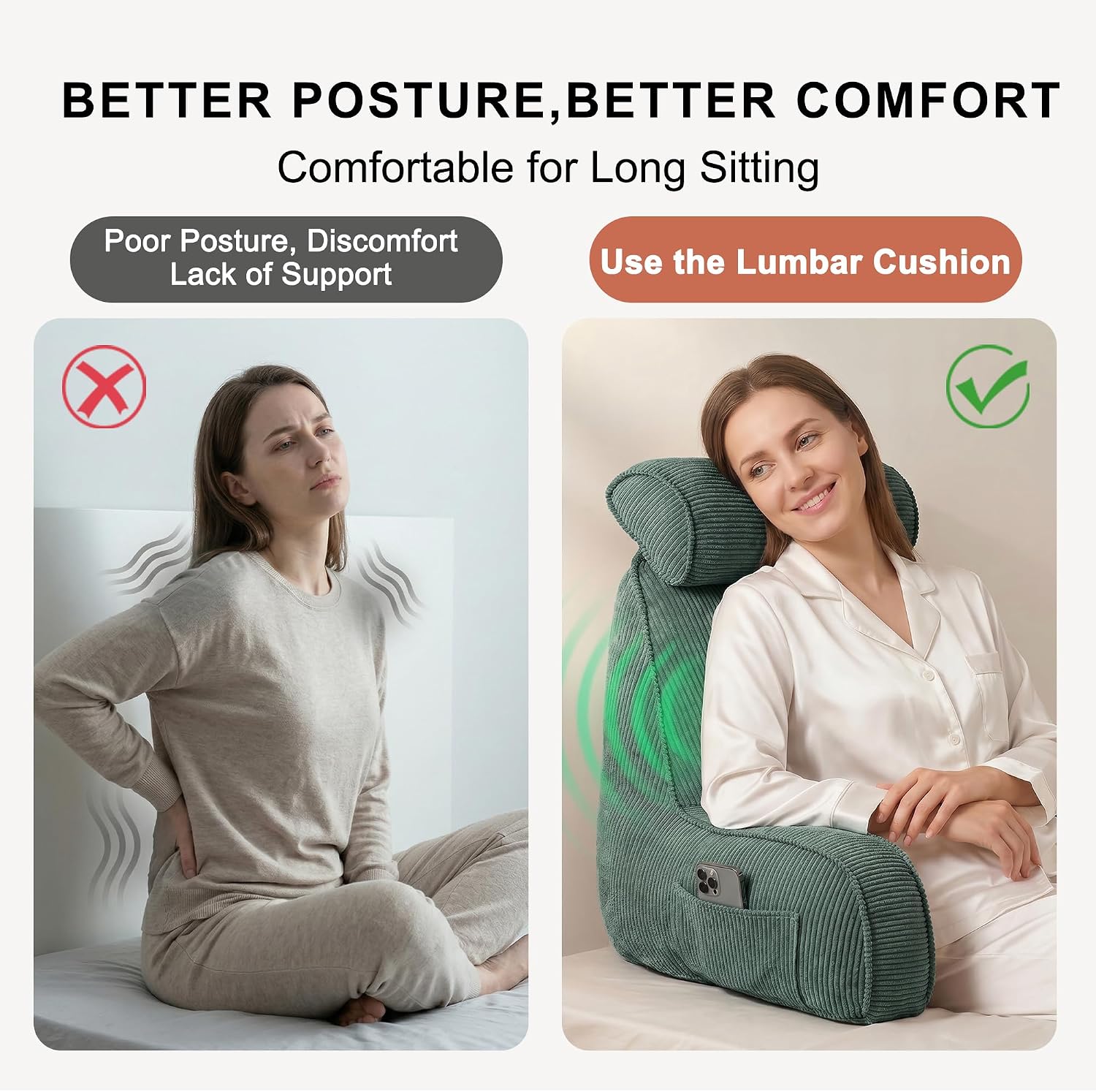 Ailuteie Sit Up Reading Pillow, Backrest Pillow with Arms, Corduroy Back Support Cushion with Side Pockets & Washable Cover, Bed Rest Suppo…