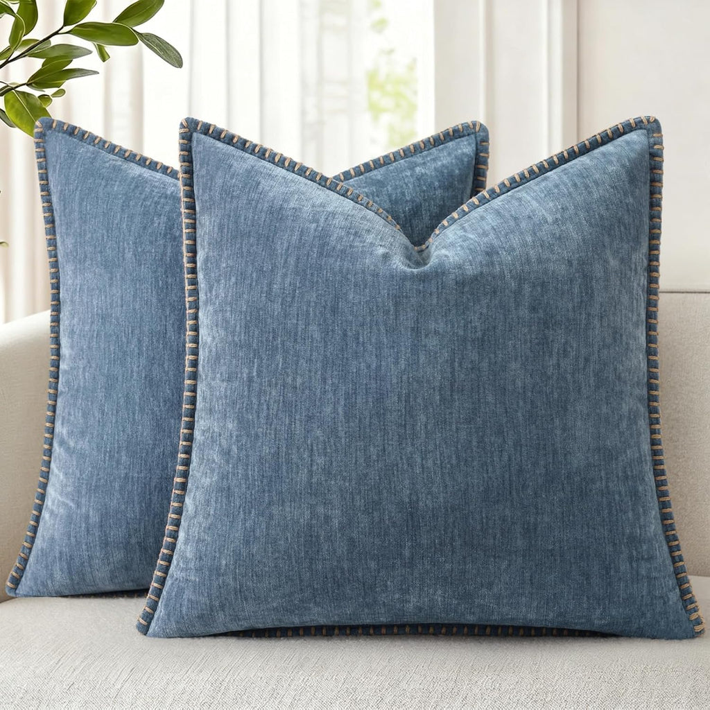 decorUhome Chenille Soft Throw Pillow Covers 20x20 Set of 2, Farmhouse Velvet Neutral Decorative Pillow Covers with Stitched Edge for Couch…
