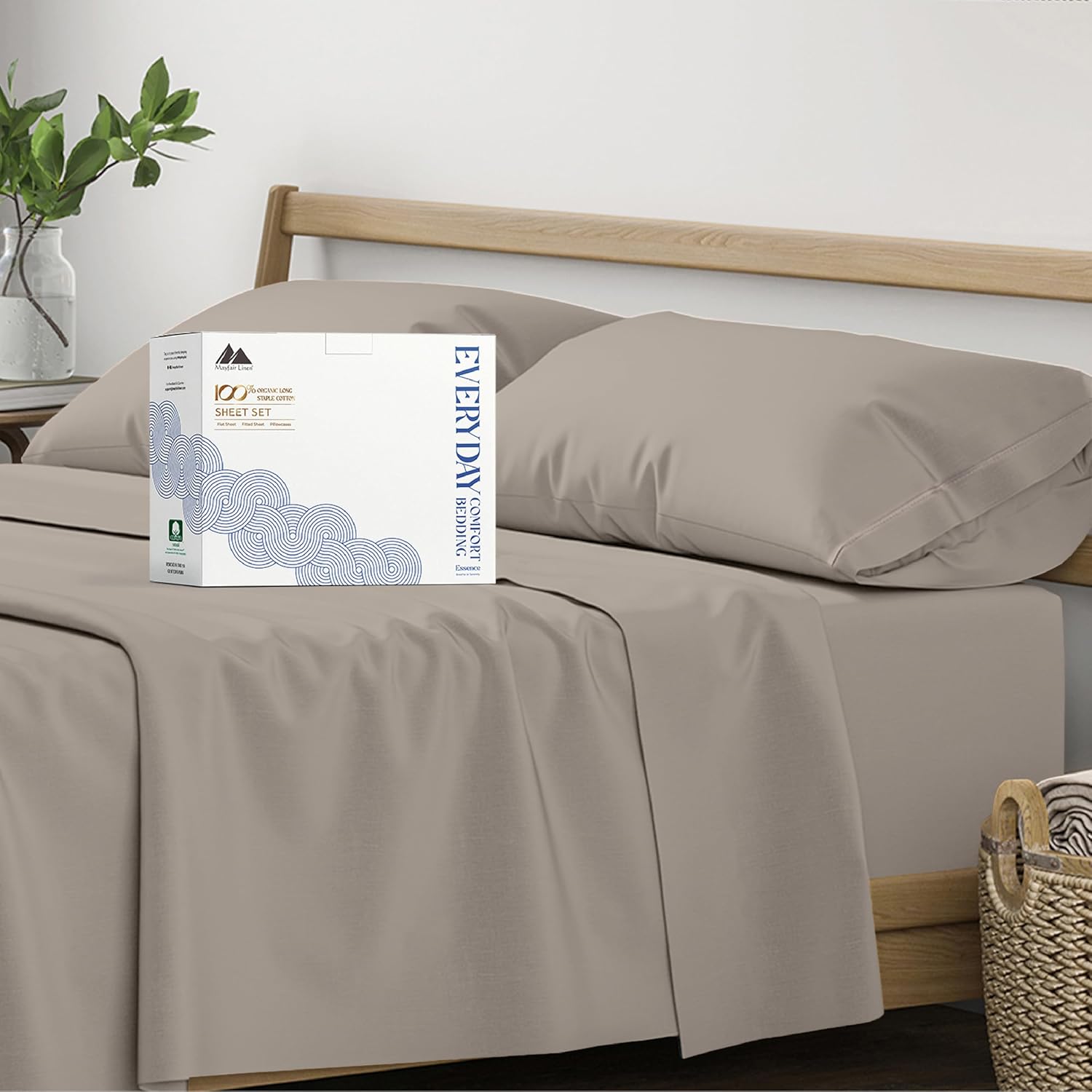 Mayfair Linen 100% Organic Cotton Sheets California King Size - 4 PC Organic Cotton Cal King Size Percale Weave Sheet Set, Soft, Cooling…
