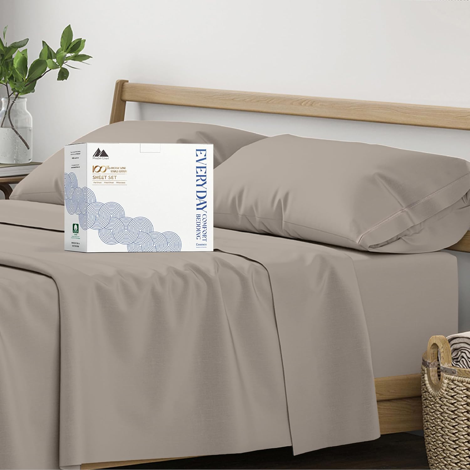 Mayfair Linen 100% Organic Cotton Sheets Percale Weave, Soft, Crisp, Cooling & Breathable 16" Deep Pocket Hotel Bed Sheet Set - GOTS…