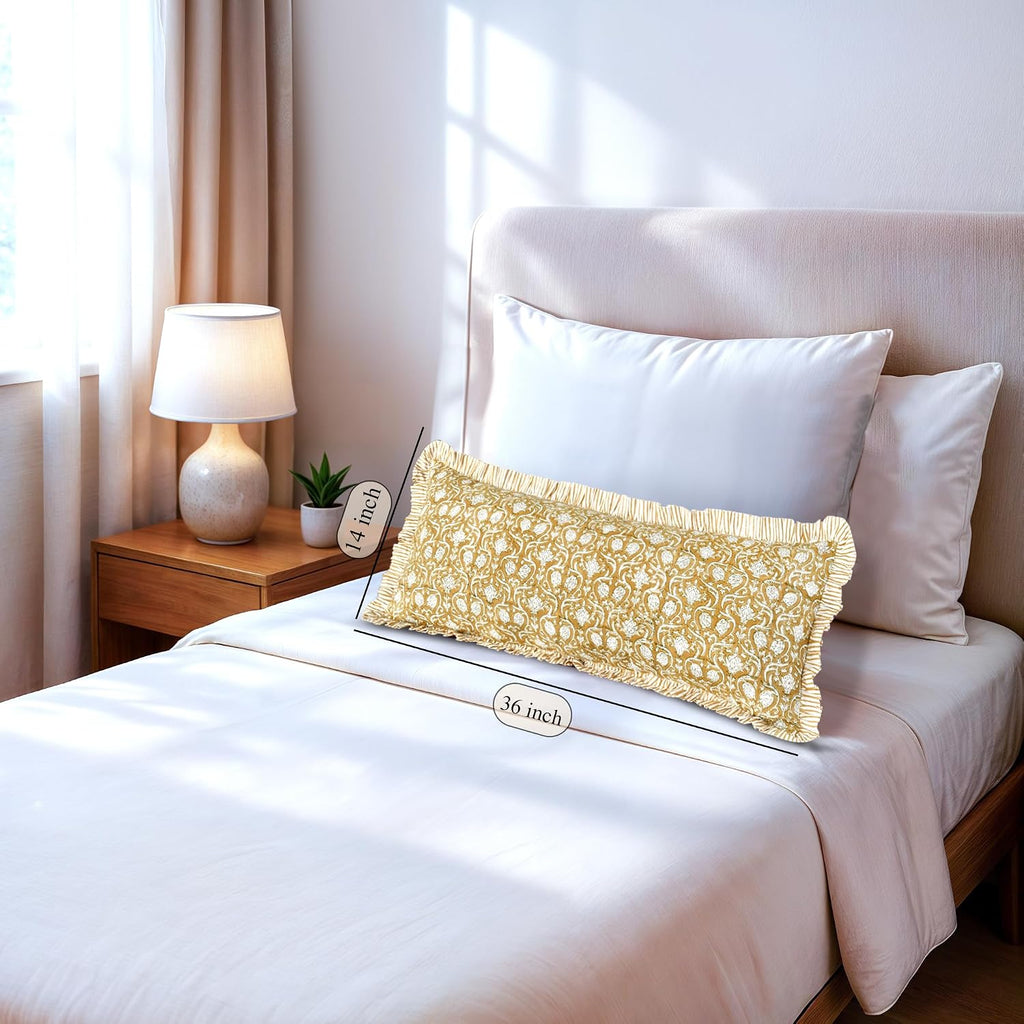 Cottonprintclub CPC Hand Block Print Mustard Regal Ruffle Sham Pillow Cover 36" x 14" inch Hidden Zipper Decorative Pillowcase for Couch, B…