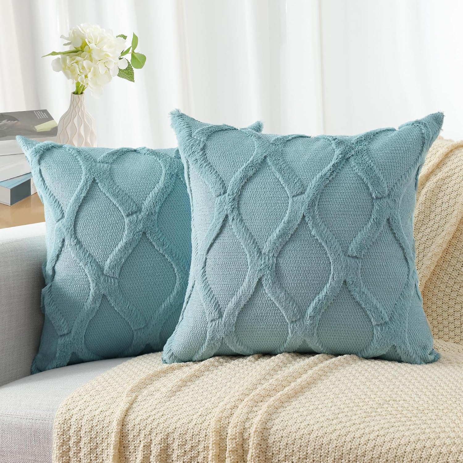 decorUhome Summer Throw Pillow Covers 16x16 Inch Set of 2, Soft Plush Faux Fur Wool Aqua Accent Couch Pillow Covers for Modern Farmhouse Be…