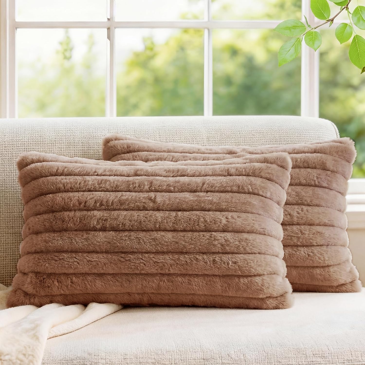 MEGAYES Pack of 2 Throw Pillow Covers 20x12 Decorative Solid Plush Faux Fur with Soft Velvet Back, Square Striped Cushion Cases Mode…