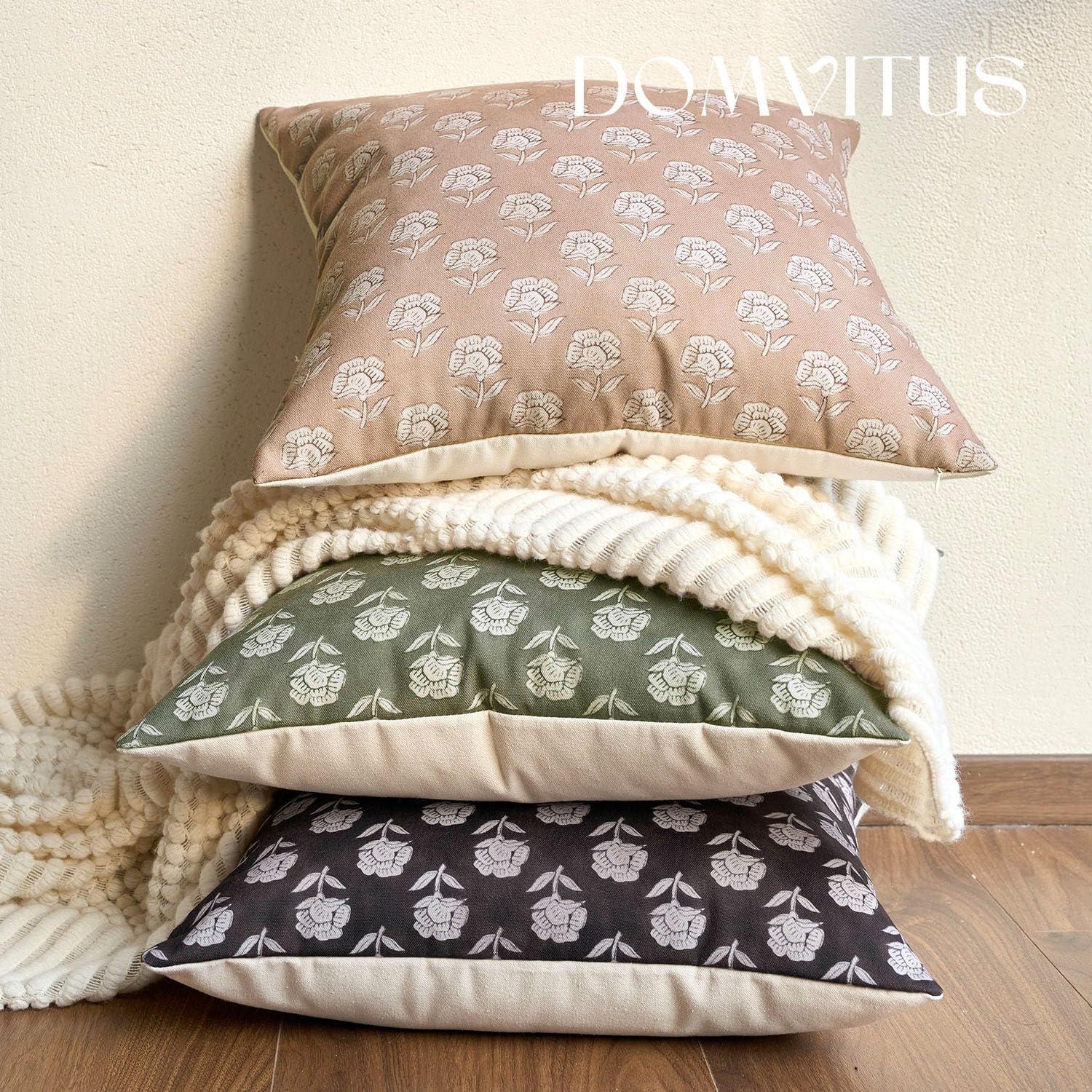 Domvitus Floral Pillow Covers 18x18 Throw Pillow Covers Decorative Farmhouse Block Floral Print Vintage Pillow Cover for Living Room Couch…