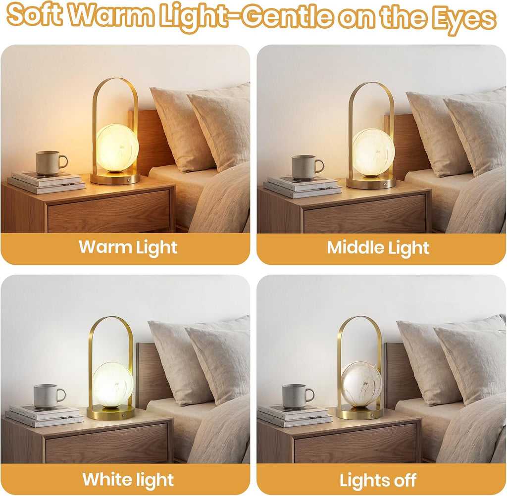 Portable Rechargeable Table Lamp with Marble Pattern Glass Shade – Gold Plated Metal Frame, Cordless LED Desk Light for Bedroom, Nursery…