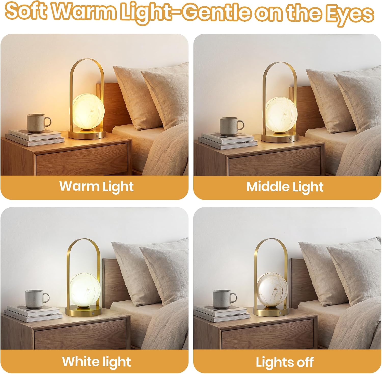 Portable Rechargeable Table Lamp with Marble Pattern Glass Shade – Gold Plated Metal Frame, Cordless LED Desk Light for Bedroom, Nursery…