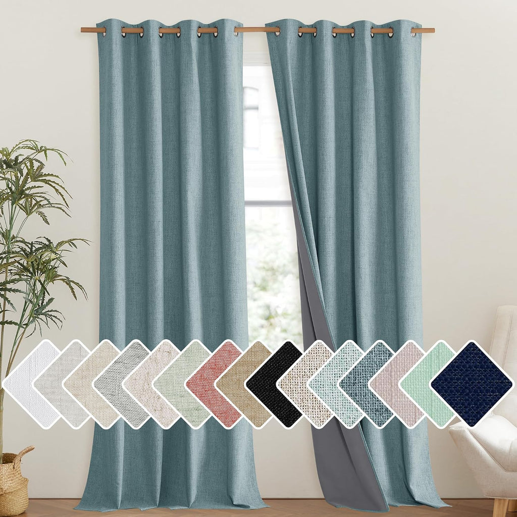 NICETOWN 100% Absolutely Blackout Linen Curtains with Thermal Insulated Liner, Skylark Blue, 52" Wide, 102" Length Energy Saving Curtains…