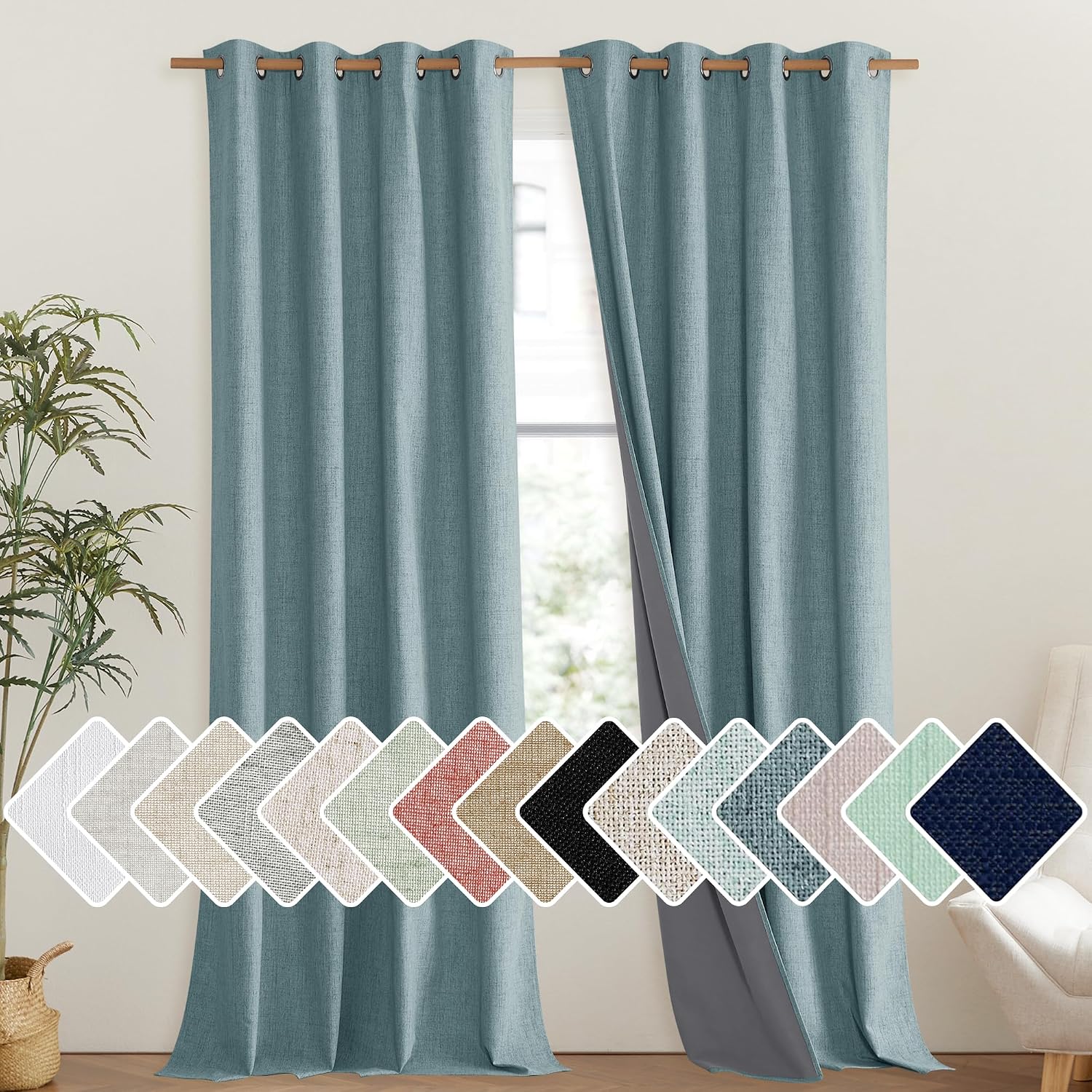NICETOWN 100% Absolutely Blackout Linen Curtains with Thermal Insulated Liner, Skylark Blue, 52" Wide, 102" Length Energy Saving Curtains…