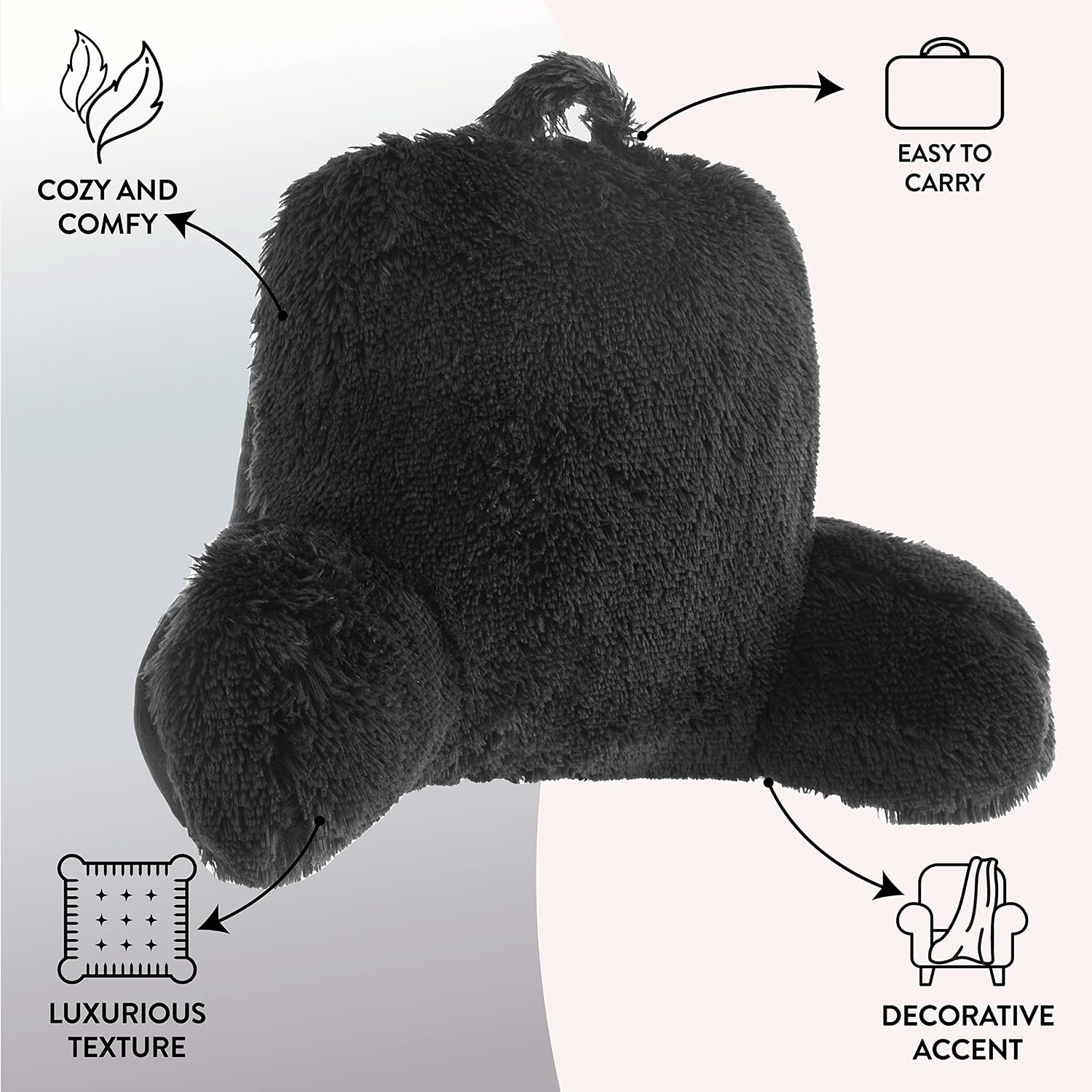 Urban Lifestyle Decorative and Supportive Backrest Reading Bed Pillow, Ultra Soft Long Hair Faux Fur Reverse to Mink Fabric, Black