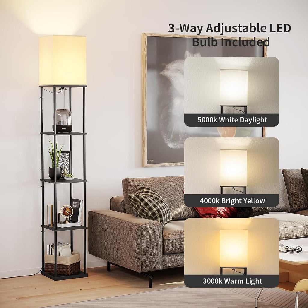 SUNMORY 5 Tier Floor Lamp with Shelves, Modern Square Standing Lamp with 3 Color Temperature Bulb, Corner Display Bookshelf Lamp for…