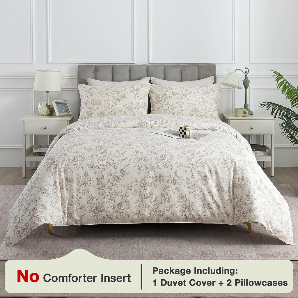 Puralens Vintage Floral Beige Duvet Cover King 100% Cotton, Shabby Flower Patterned Chic Soft Percale Comforter Cover Set, Cute Cottage Rev…