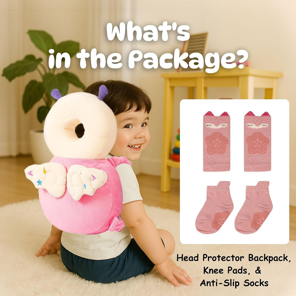 Baby Head Protector Backpack (9 to 24 Months) - Cute Head Guard Pillow with Knee Pads and Socks, Baby Shower Gift, Baby Safety Set…