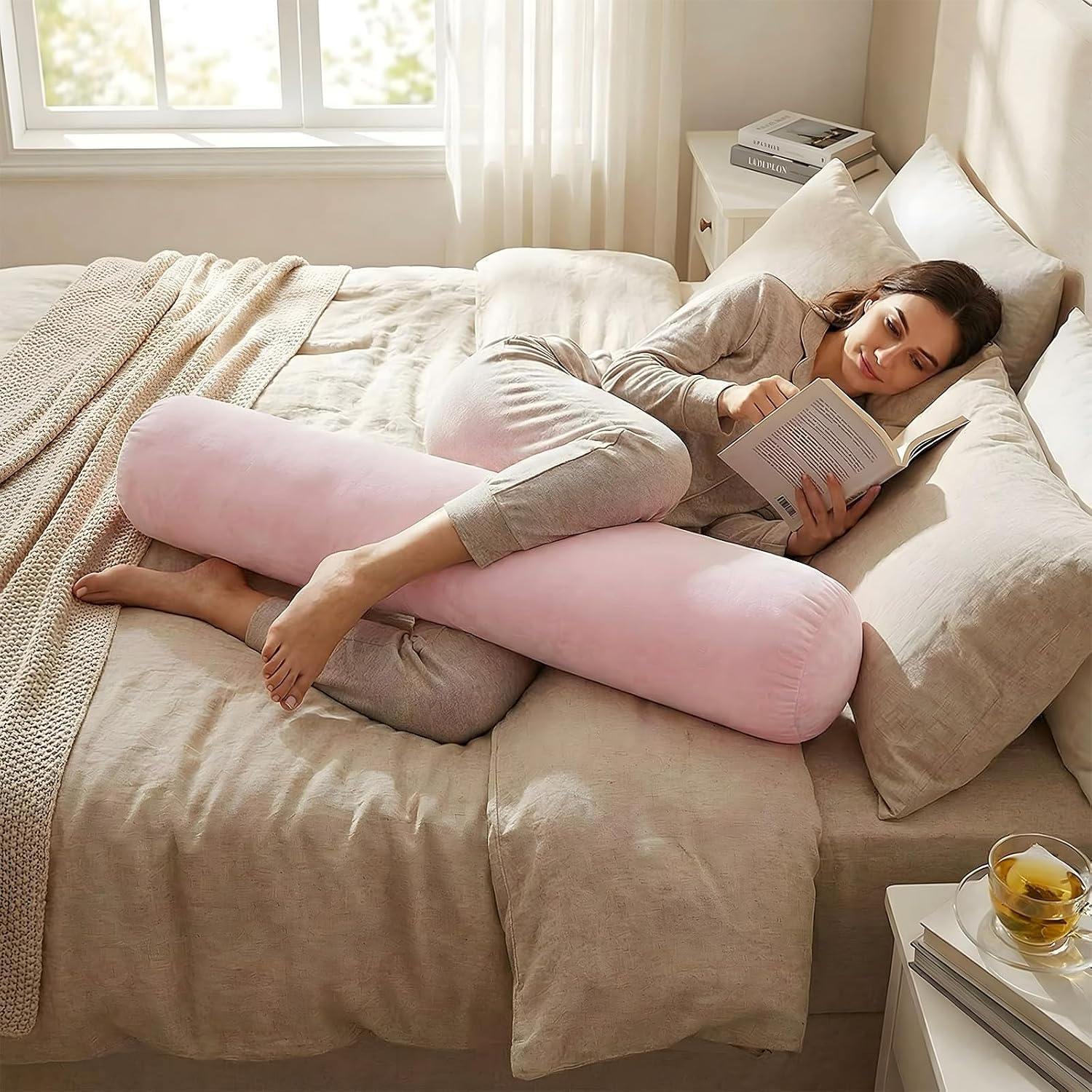 Chunful Body Pink Pillow for Adults 47" x 7.87" Long Lumbar Bolster Pillow with Removable Flannel Cover Pink Round Body Roll Cylinder…