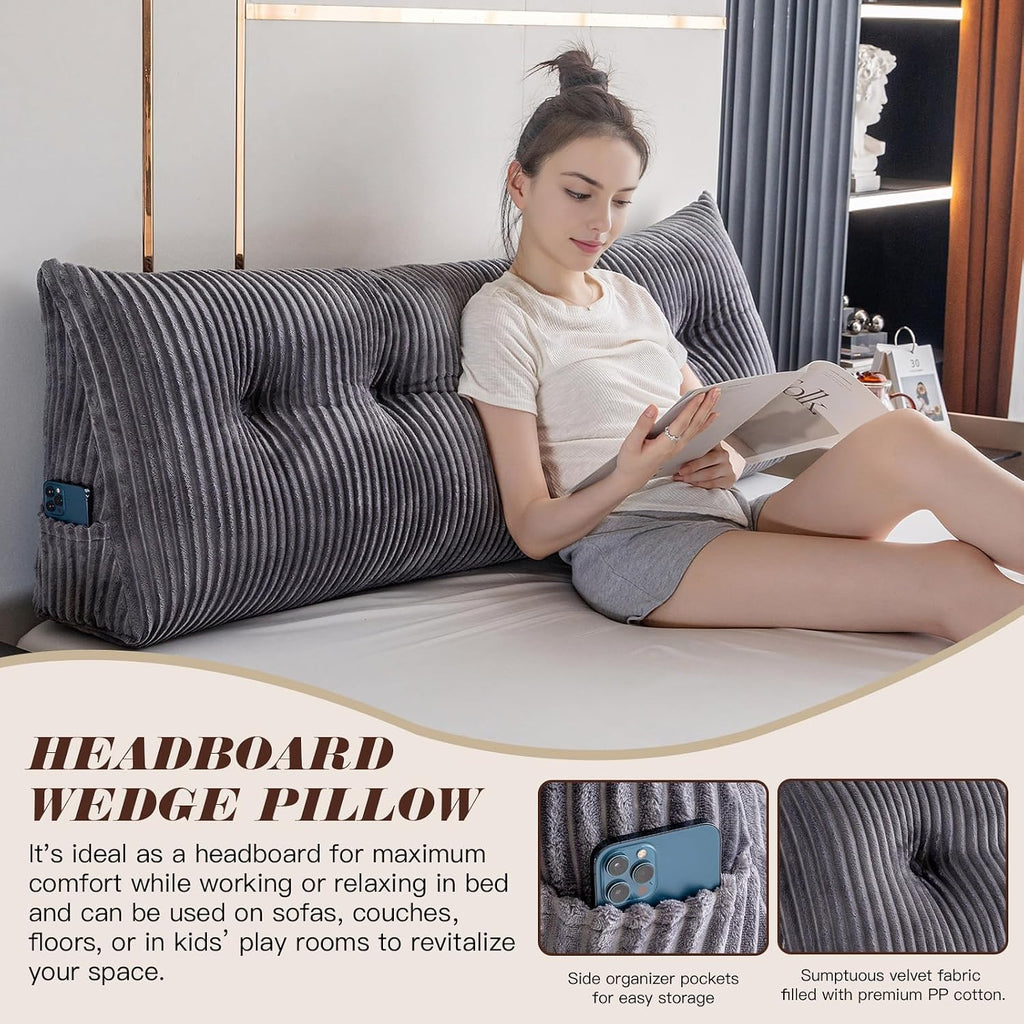 Large Triangular Headboard Wedge Bed Rest Reading Pillow Backrest Positioning Support Bolster Cushion with Removable Cover (Grey, King…