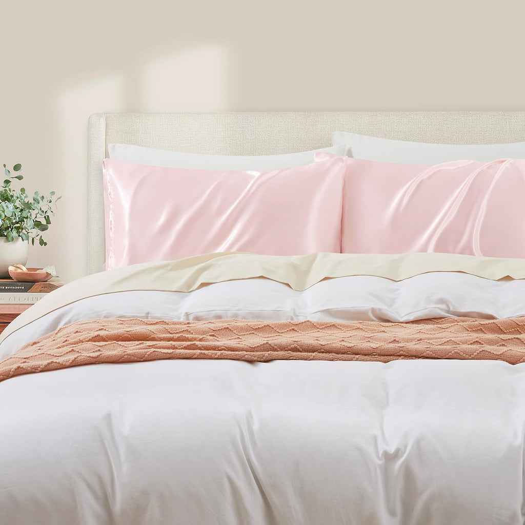 HommxJF Blush Pink Satin Pillowcase Standard Set of 2 with Envelope Closure, Blush Pink Silk Pillowcase for Hair and Skin (20x26) Pink