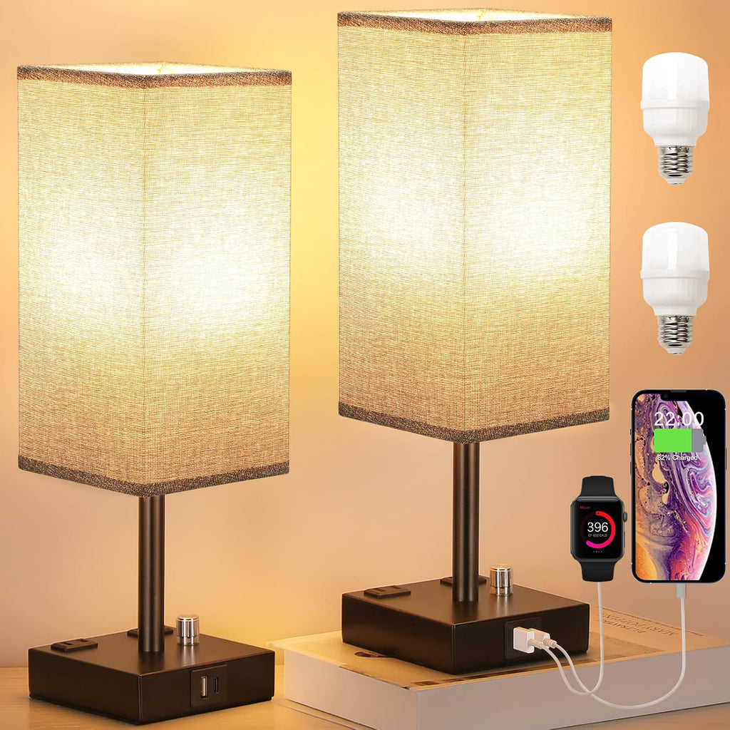 aooshine Gray Fully Dimmable Nightstand Lamps Set of 2 - Table Bedside Lamp with USB C+A Charging Ports & 2 AC Outlets, Square Lamp Sets…