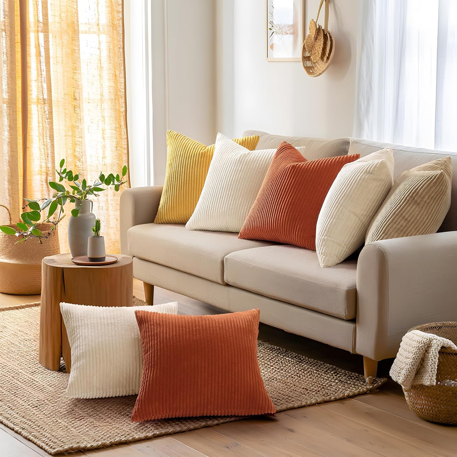 Mecatny Corduroy Summer Decorative Throw Pillow Covers 22x22 Set of 2 for Sofa Living Room, Soft Neutral Boho Couch Pillow Covers for…