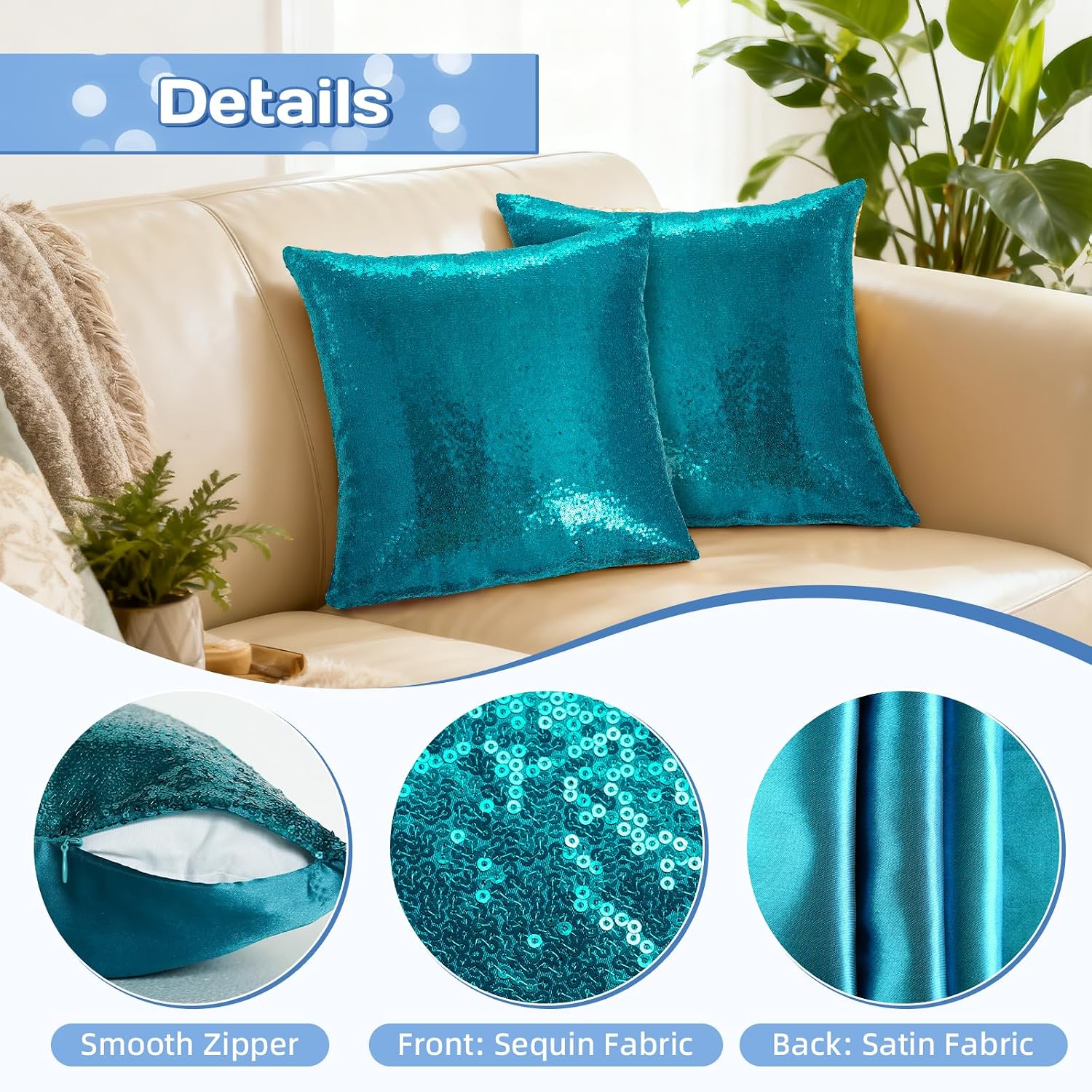 Eternal Beauty Set of 2 Sequin Decorative Pillow Cover Teal Throw Pillow Covers for Couch Throw Pillows 18 X 18 Inches